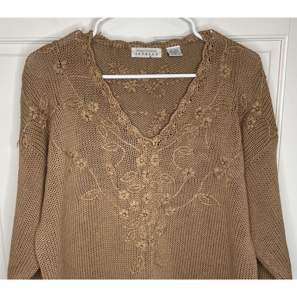 Vintage 90s Express Boho Embroidered Floral V-neck Sweater Sz L Cottagecore Y2K - Picture 2 of 16